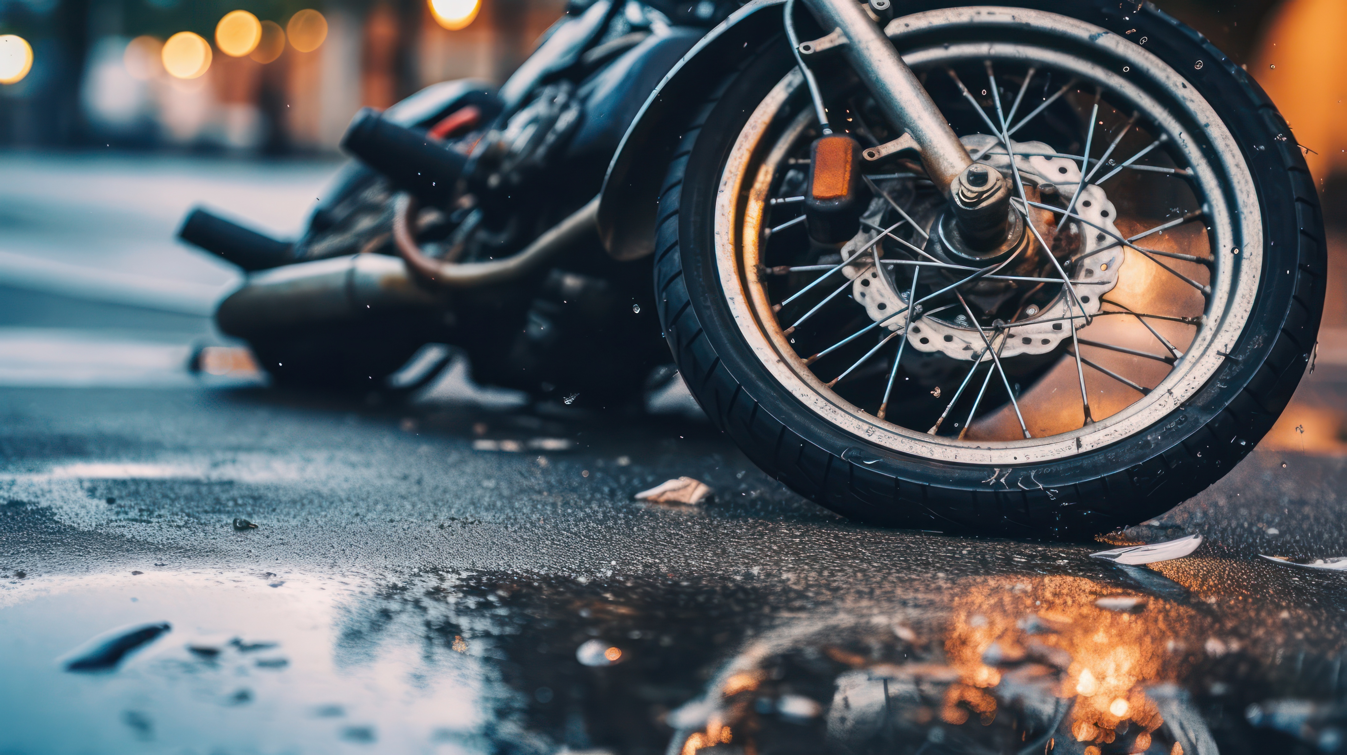 Motorcycle lying on road after crash with debris, representing a serious motorcycle accident injury scene.