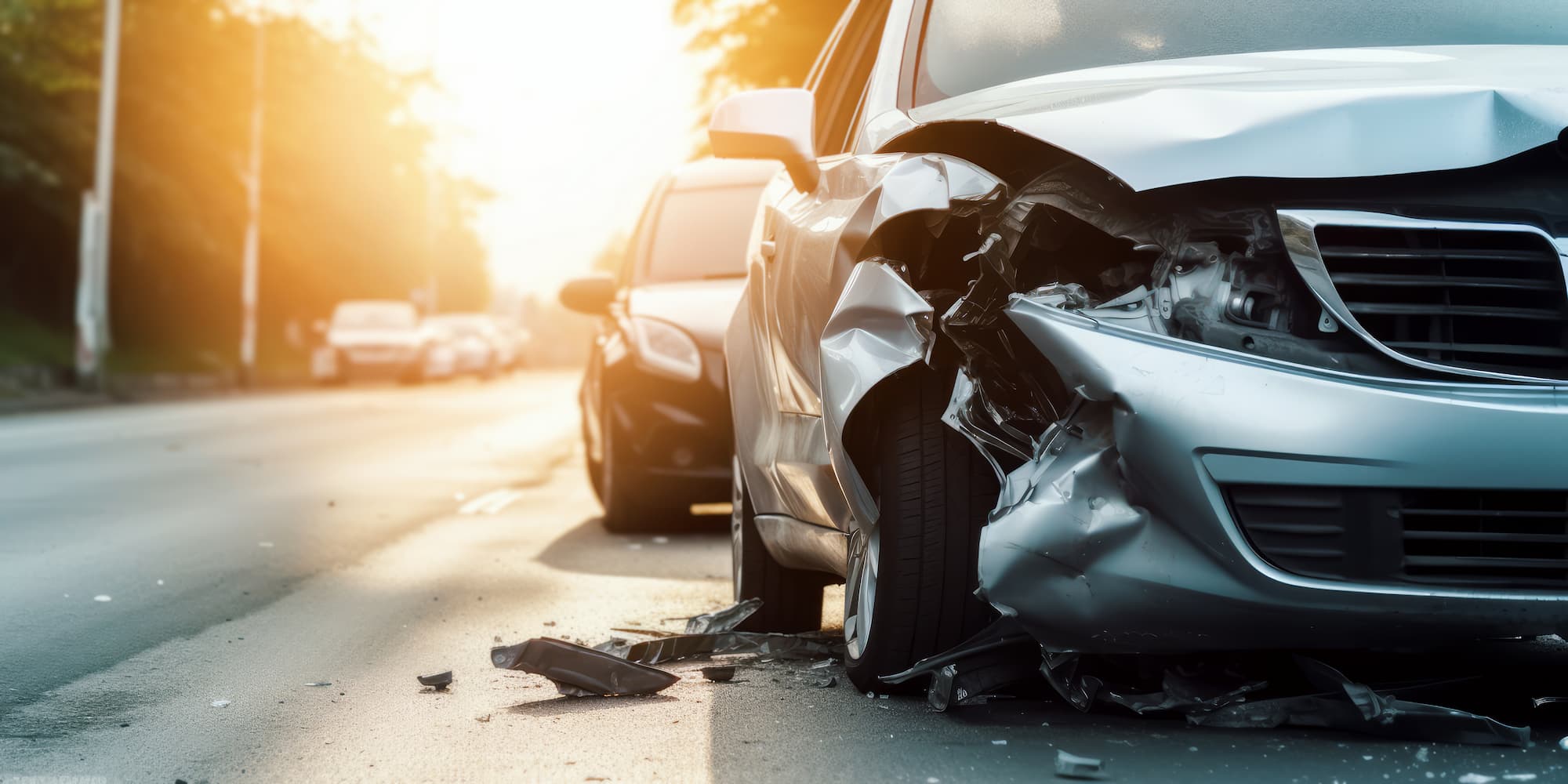 Severely damaged vehicle following a car accident collision.
