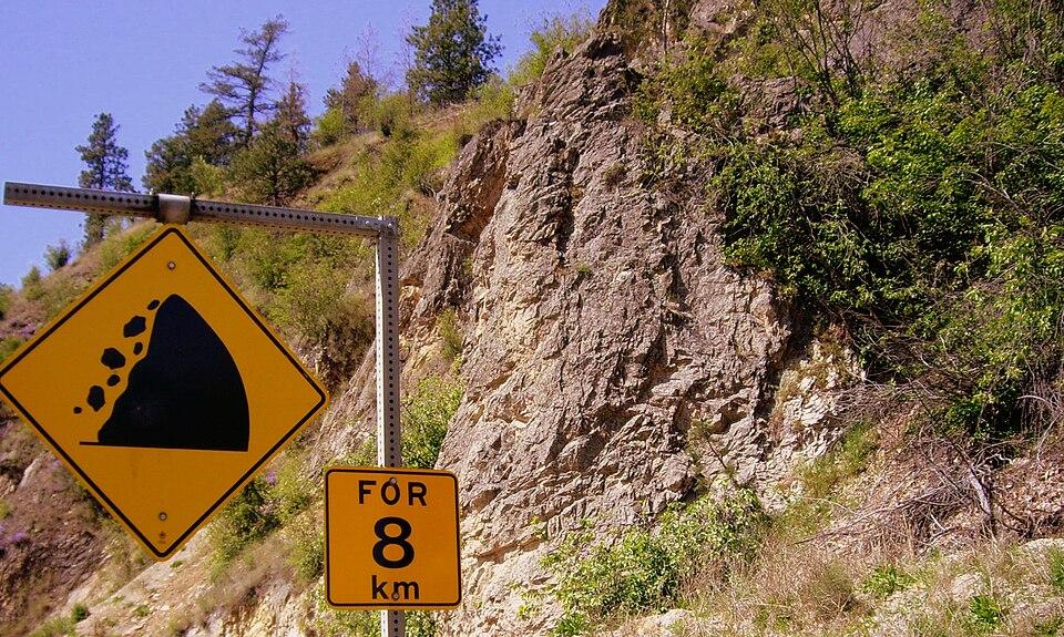 A yellow road sign warns of falling rocks beside a rocky hillside with trees and bushes. Another yellow sign below indicates the warning extends for 8 kilometers.
