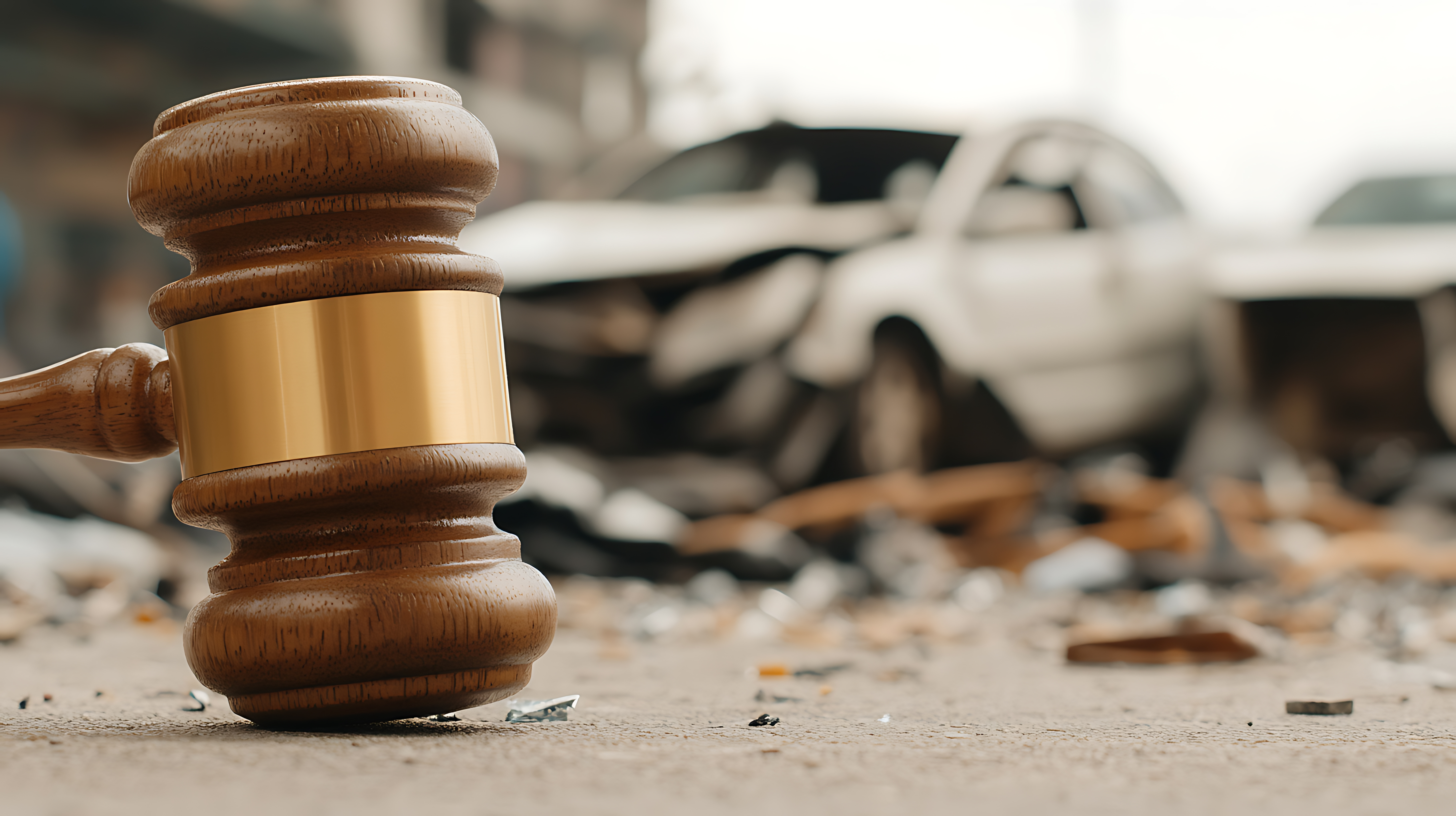 Dark wooden gavel in front of a car crash