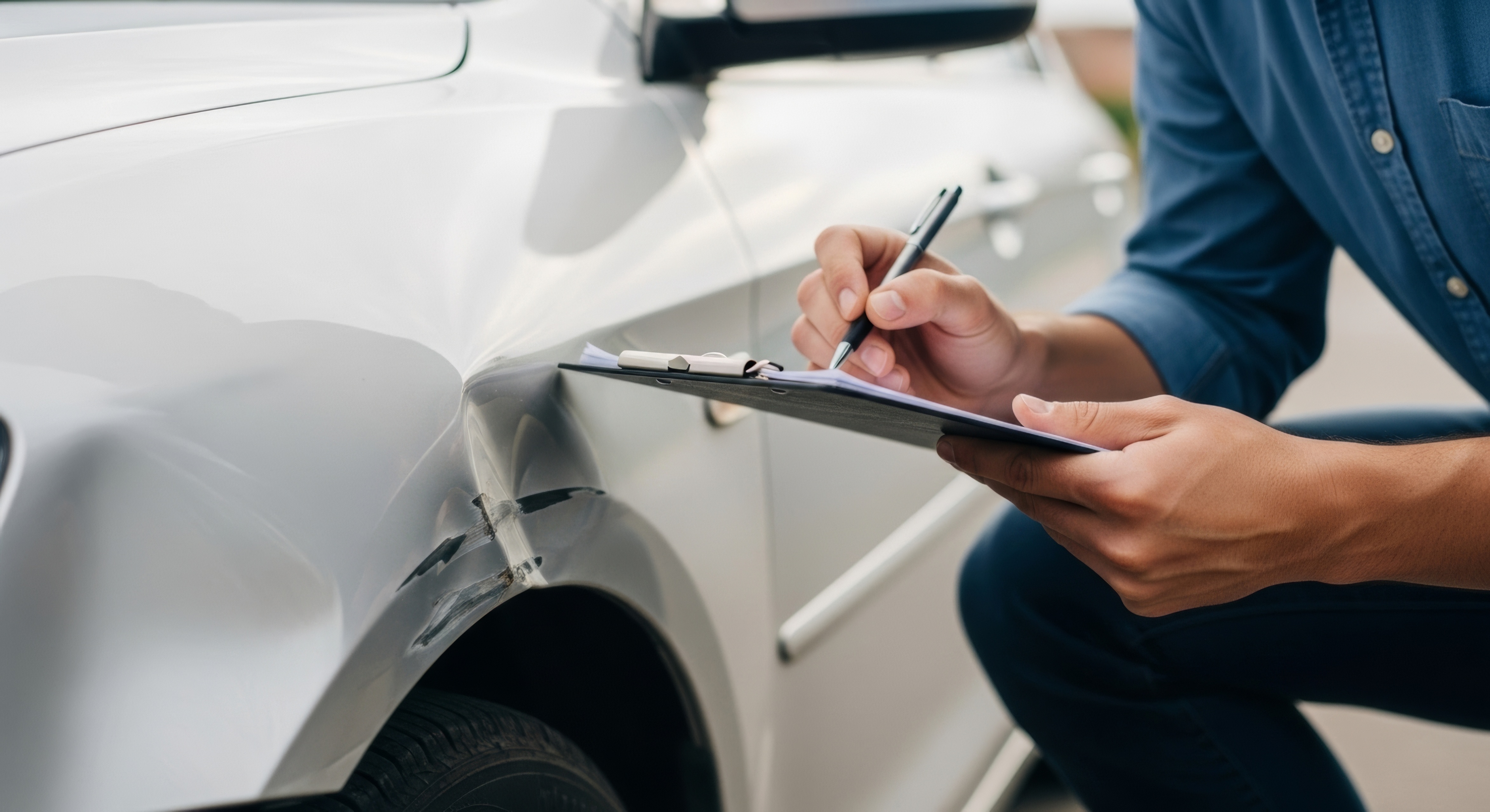 An insurance adjuster writing on a clipboard while inspecting damage to a white car's rear fender