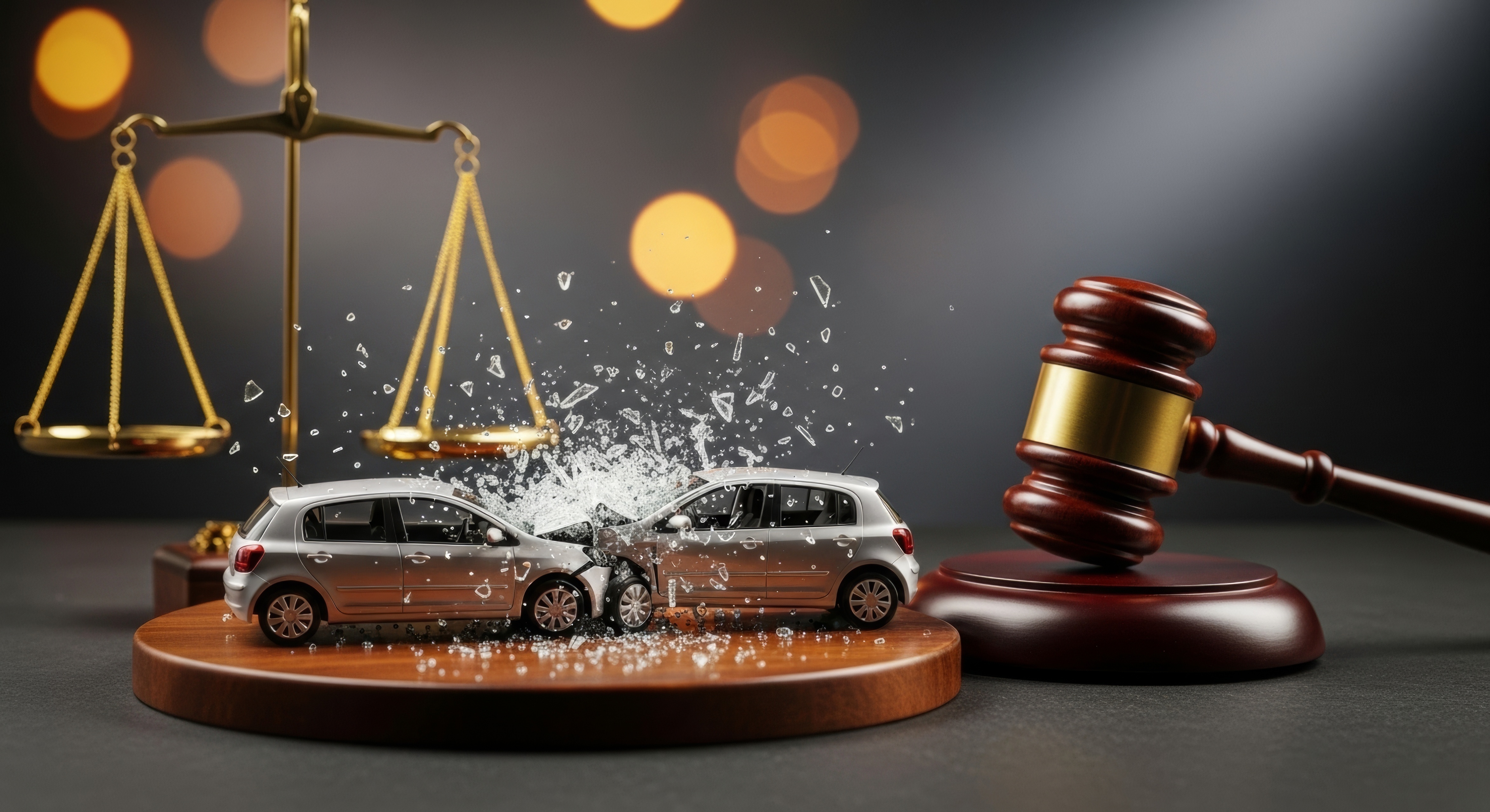 Scales of justice and a judge's gavel beside two model cars in a head-on collision
